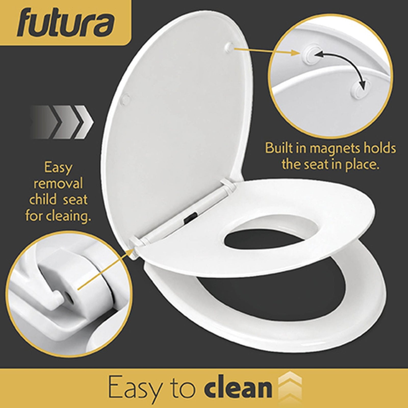 Futura Family Toilet Seat Soft Close White Oval, Bulit In Child Seat, Kids & Toddler Friendly, Quick Release, Top & Bottom Fixings