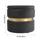 Upholstered Storage Ottoman Foot Rest With Gold Metal Ring 40cm Dia | Grey