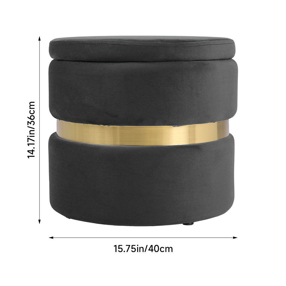 Upholstered Storage Ottoman Foot Rest With Gold Metal Ring 40cm Dia | Grey