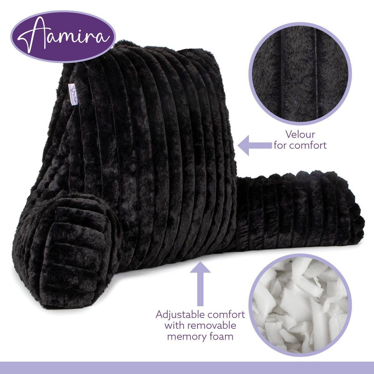 Deluxe Large Reading Pillow, Soft Ribbed Faux Fur, Shredded Memory Foam Cuddle Cuddle Cushion Backrest Arm Support | L | Black