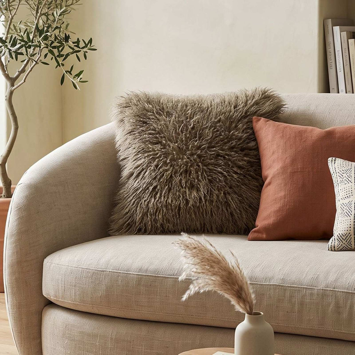 Faux Mongolian Fur Cushion, 40 X 40cm | 40cm x 40cm | Brown
