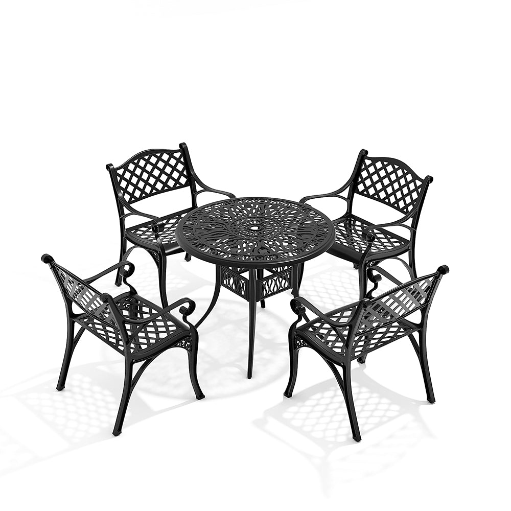 Set Of 5 Retro Garden Bistro Set Cast Aluminium With Cushions | Set of 5 | Black