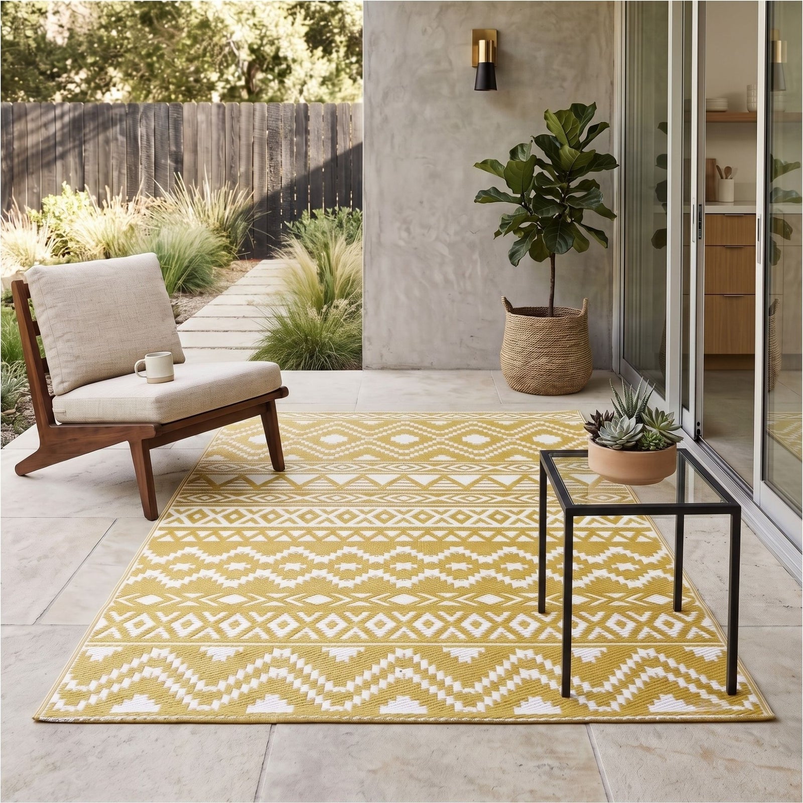 Luxury Outdoor Rug Waterproof Reversible For Garden Patio 100% Recycled, Yellow Anna Aztec | 150cm x 240cm | Yellow