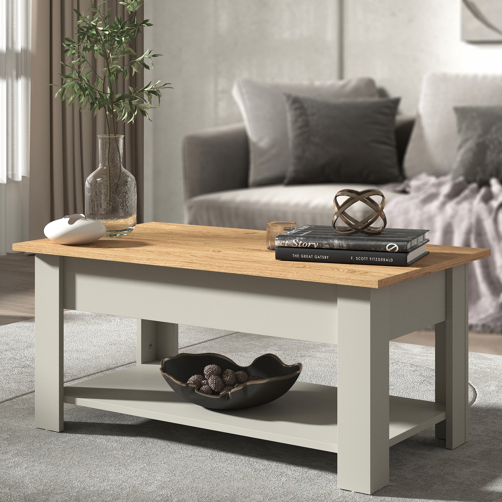 Lift-up Coffee Table - Space-saving Storage For Living Room | Light Grey