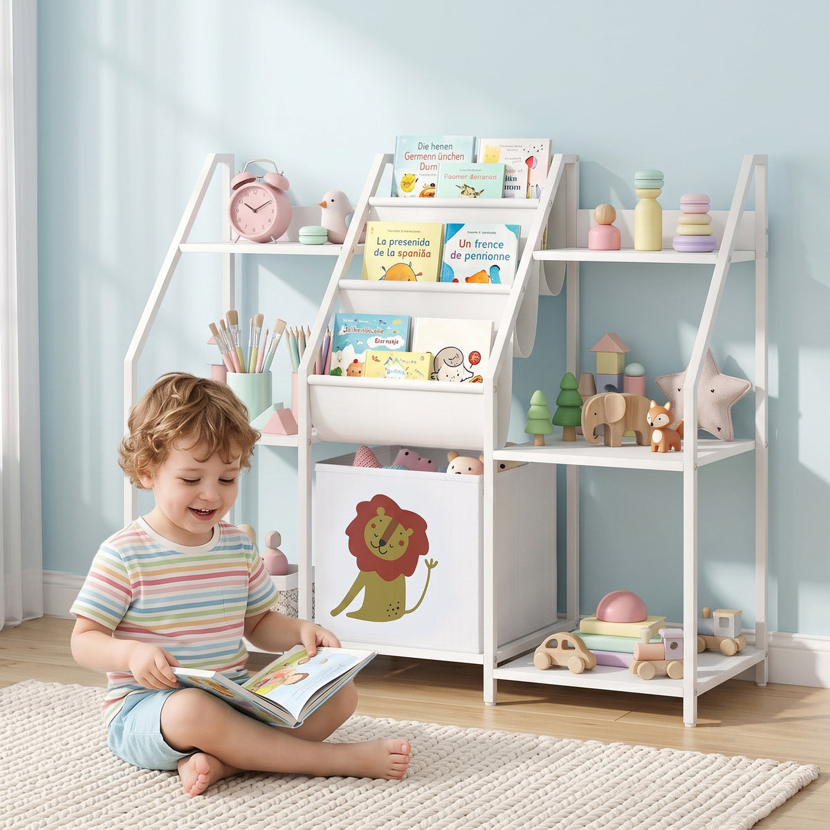 AIYAPLAY Kids Bookshelf And Toy Storage With 3-tier Sling Book Rack, White