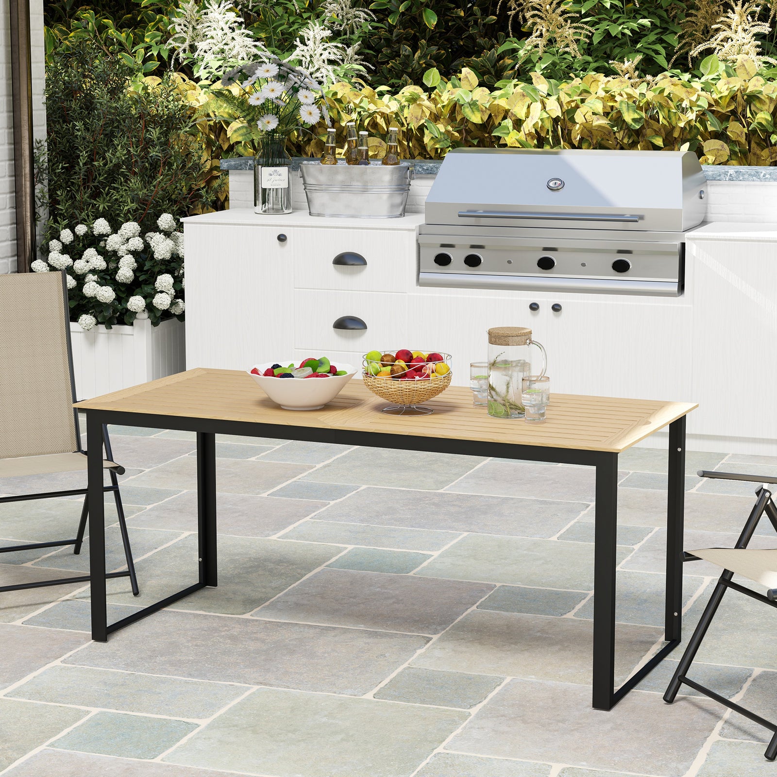 Garden Dining Table For 6 People W/ Slatted Table Top Metal