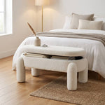 110cmW Oval Upholstered Storage Bench – White Teddy Fleece Flip-Top Ottoman Seat with Wooden Frame, Modern Nordic Style