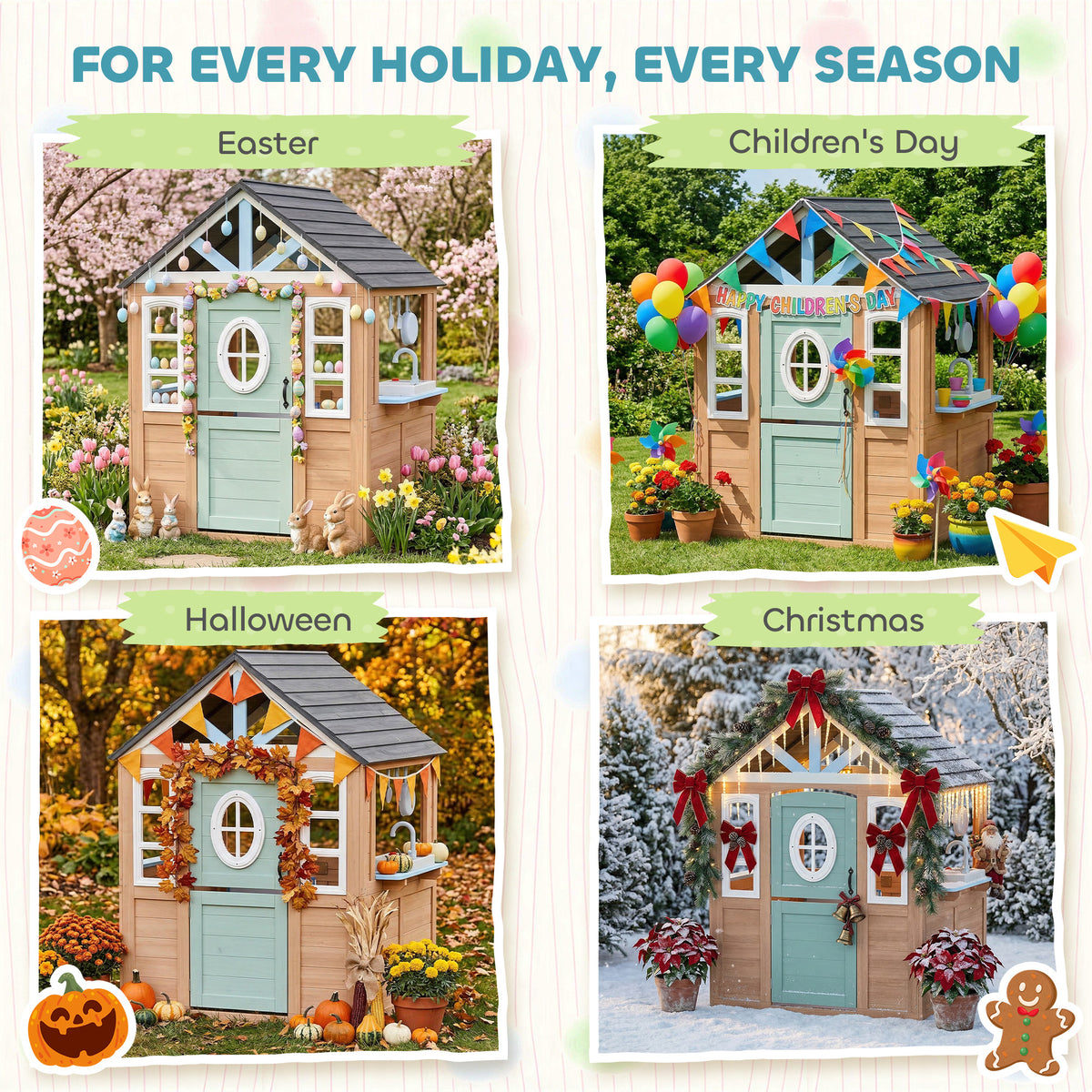 AIYAPLAY Playhouse For Kids, Wooden Wendy House With Pet Door, Play Kitchen
