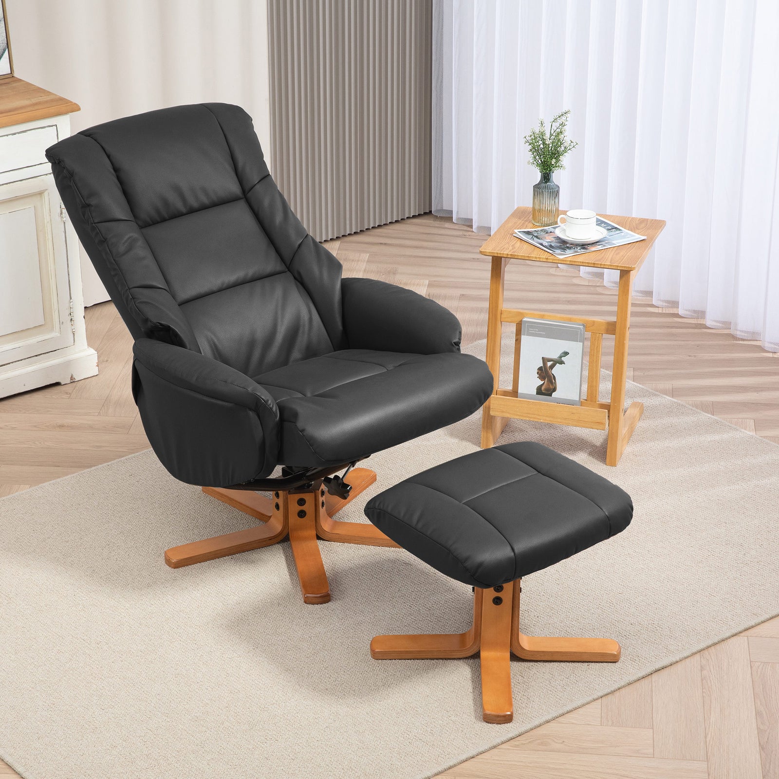 Recliner Armchair With Wood Base, Upholstered Reclining Chair | Black