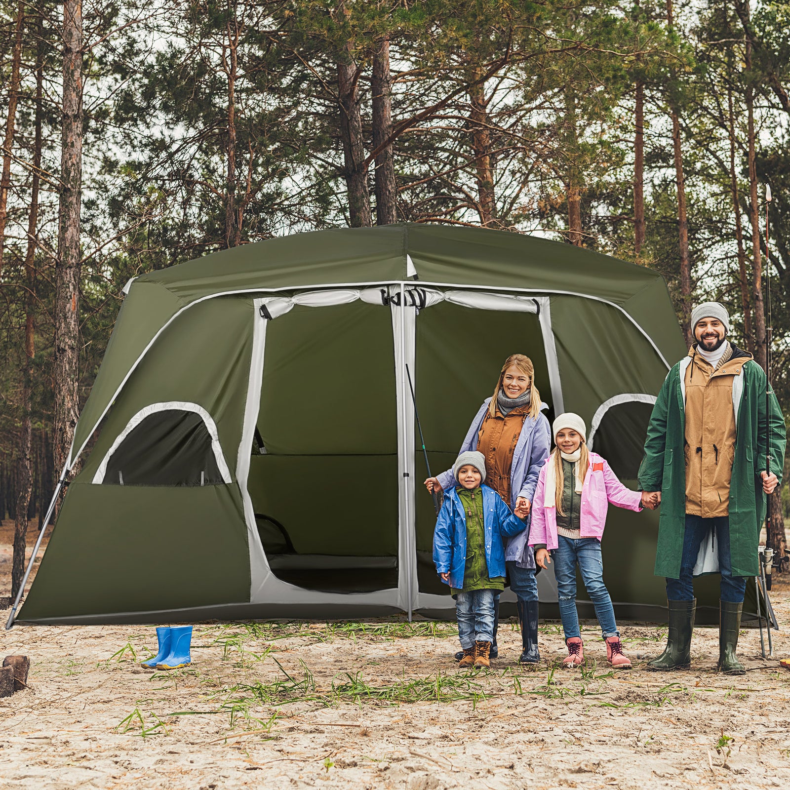 Camping Tent, Family Tent 4-8 Person 2 Room Easy Set Up | Green