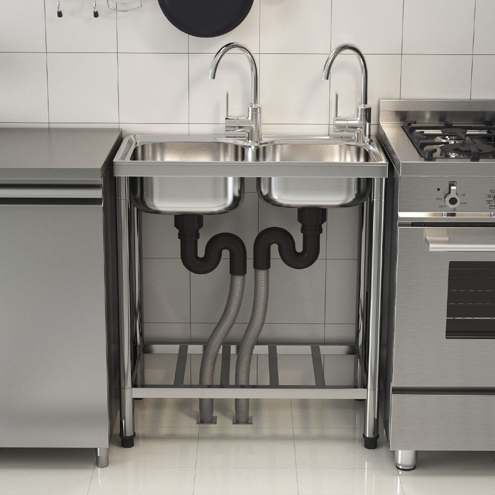 71cm W X 39cm D X 80cm H Two Compartment Stainless Steel Sink With Shelf