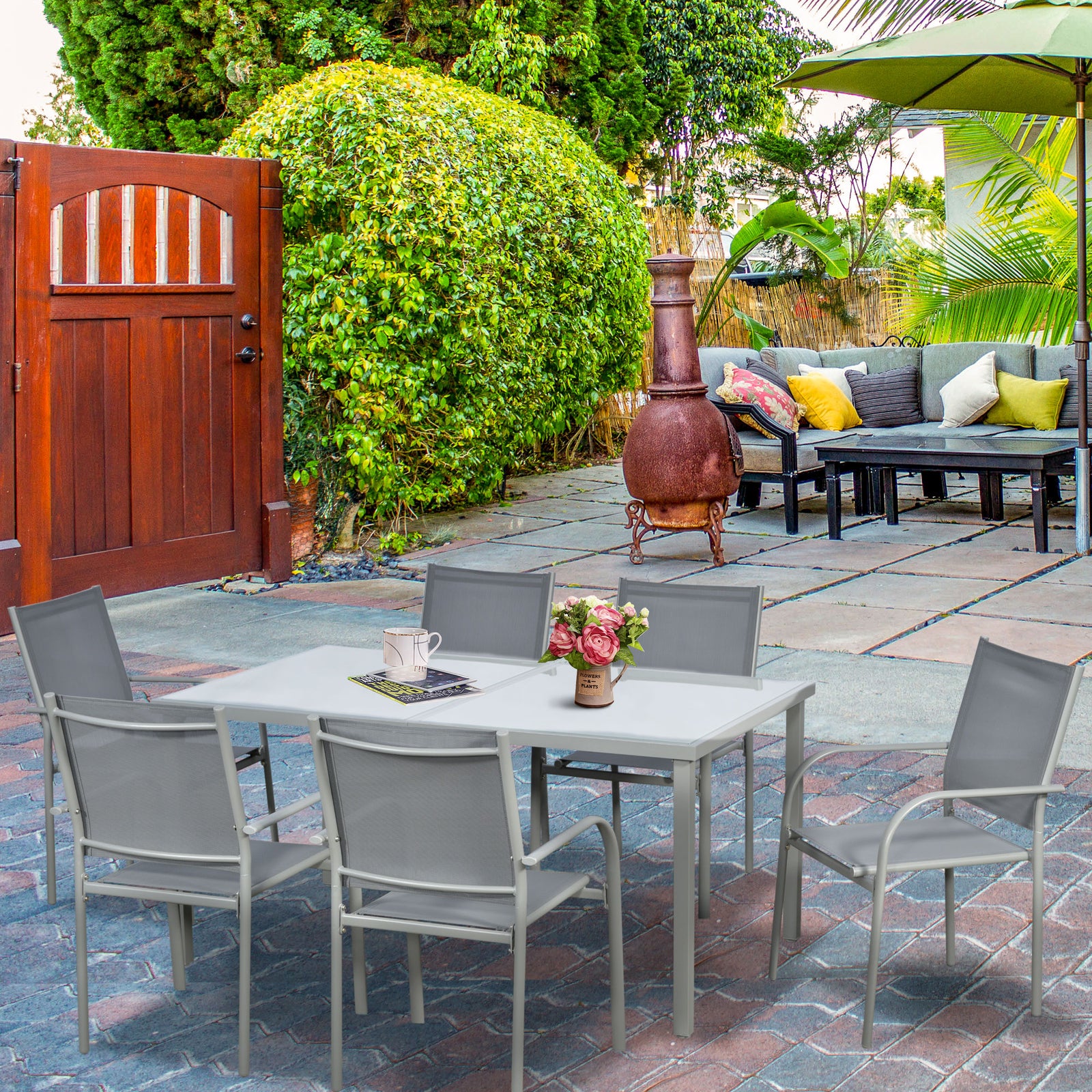 7 Piece Garden Dining Set, Steel Outdoor Table And Chairs | Gray
