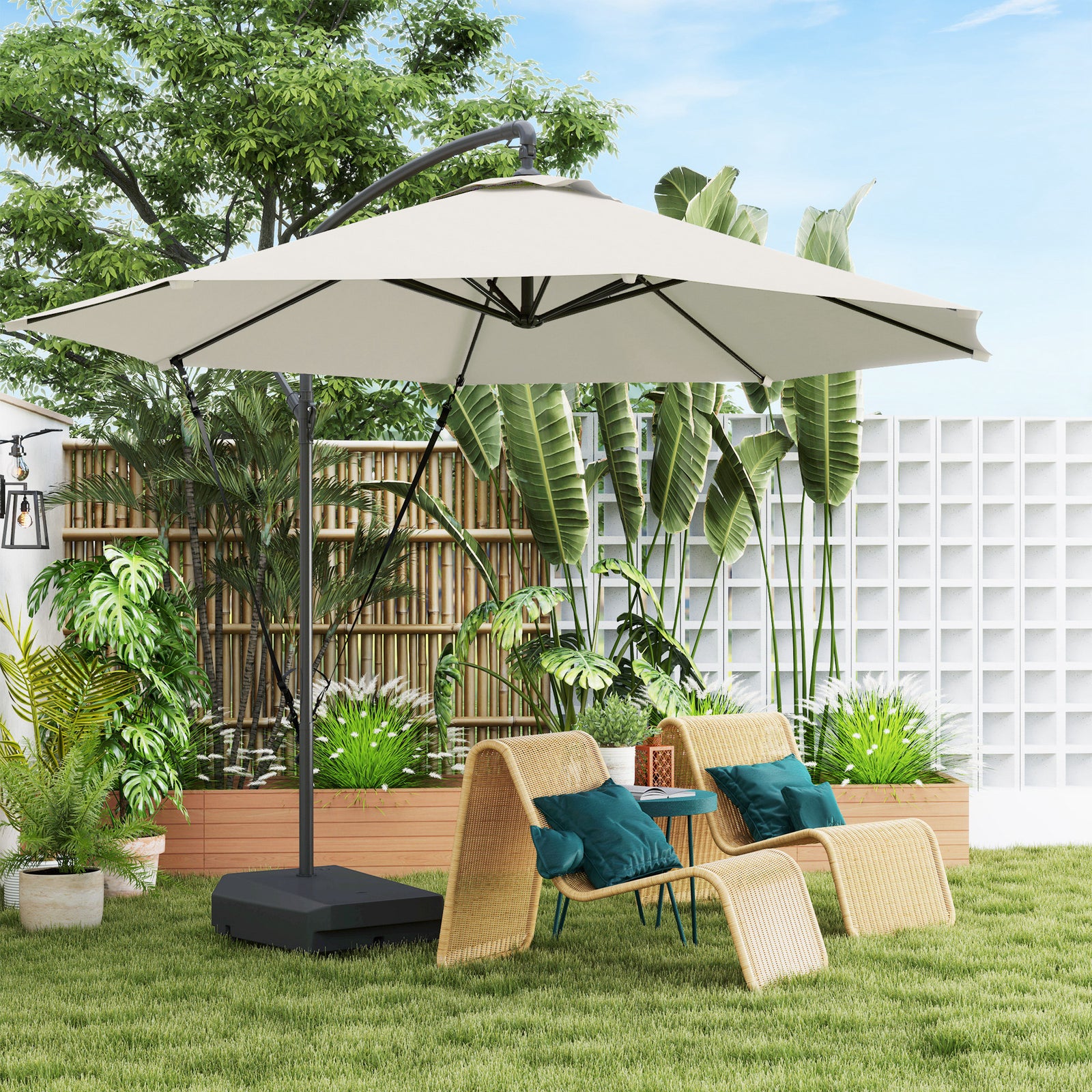 Garden Cantilever Parasol W/ Cover Weighted Base Wind Strap | Cream