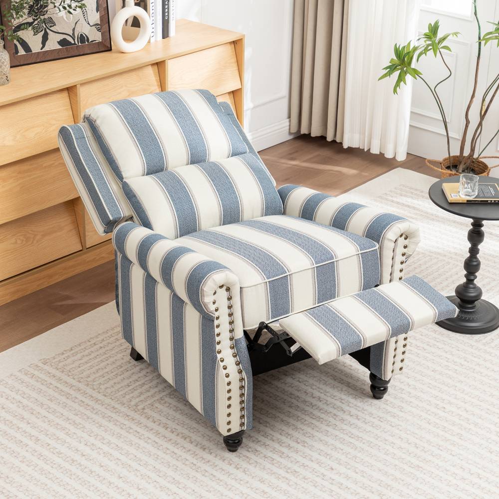 Modern Linen Upholstered Push Back Recliner Armchair With Adjustable Backrest & Hidden Footrest | Blue