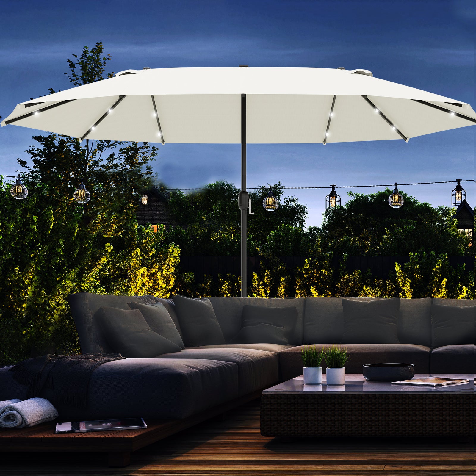 4.4m Double-sided Patio Parasol W/ Led Solar Lights | Cream
