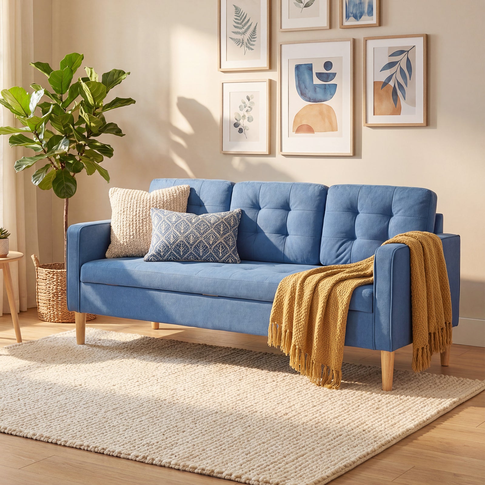 Modern 3 Seater Sofa With Hidden Storage And Rubber Wood Legs | Blue