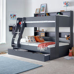 Oliver Triple Sleeper Storage Bunk Bed With Drawer With Memory Foam Mattresses | Small Double | Grey