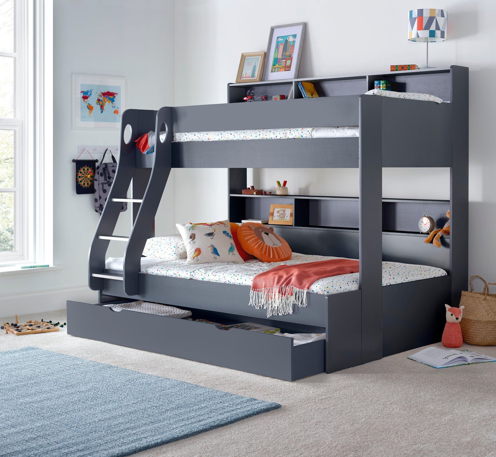 Oliver Triple Sleeper Storage Bunk Bed With Drawer With Memory Foam Mattresses | Small Double | Grey