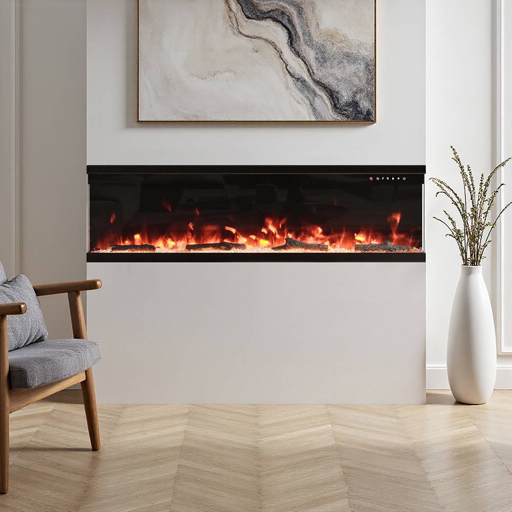 60 Inch 3-sided Electric Fireplace Recessed & Freestanding Heater With Adjustable Flame, Remote Control, Timer & 12 Flame Colors