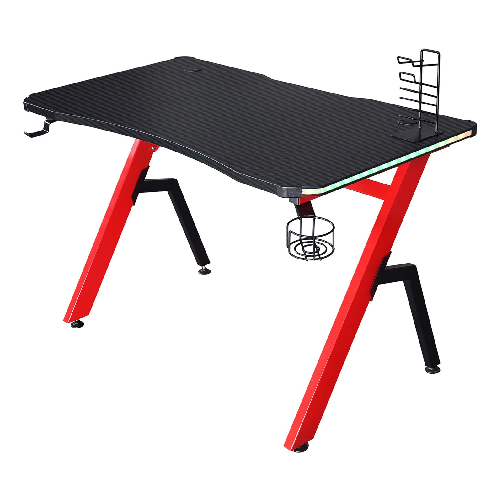 Ergonomic Gaming Desk With Hook Cup Holder Led | Red