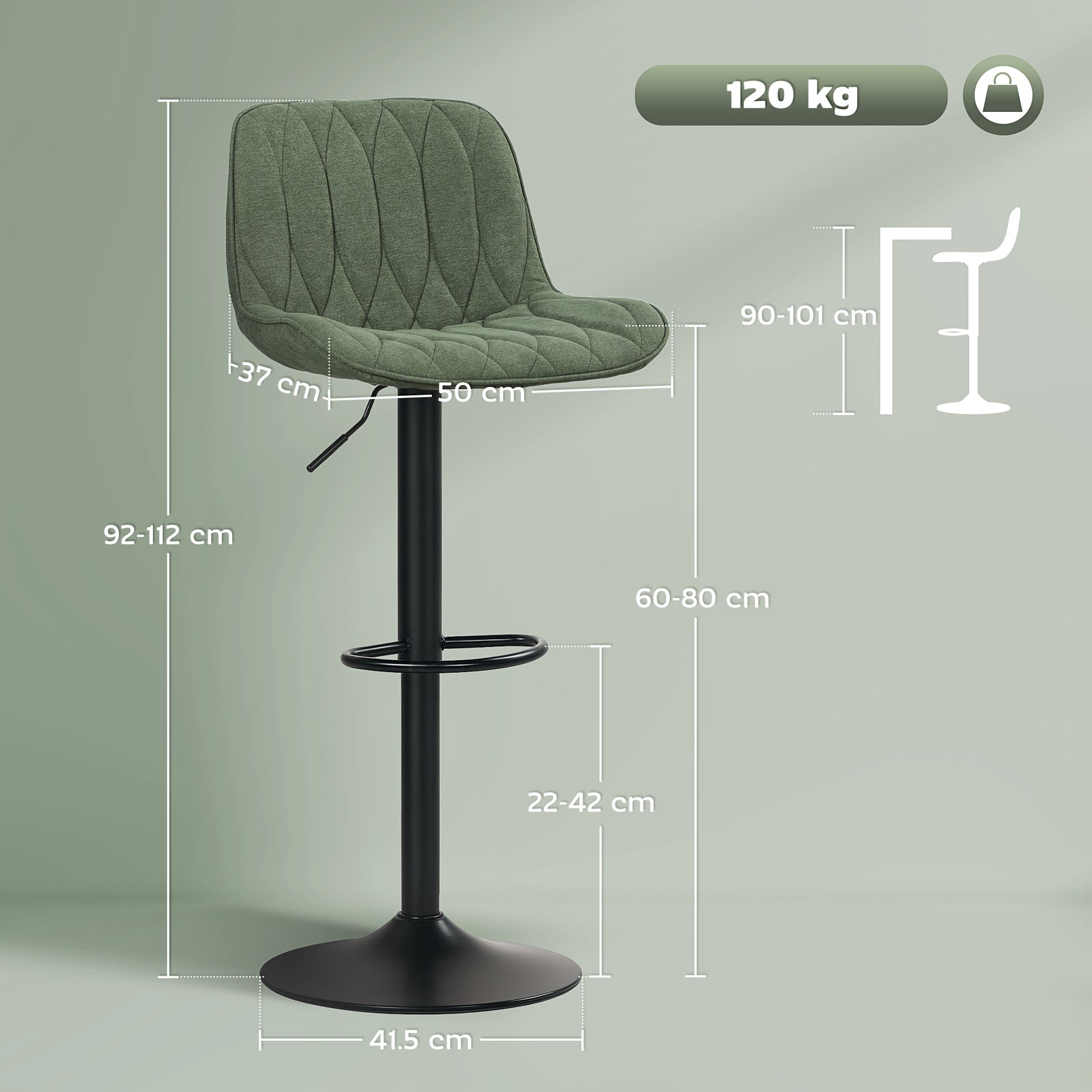 Bar Stools Set Of 2, Modern Armless Bar Chairs | Green