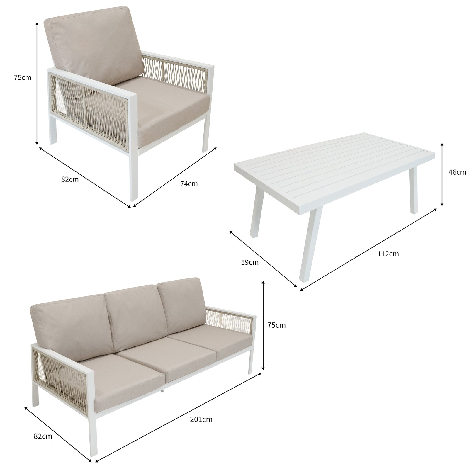 Aluminium 4 Piece Sofa Set With Rattan Storage Box | White
