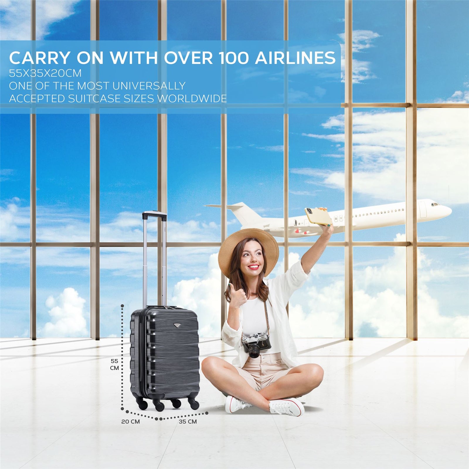 55x35x20cm Cabin Carry On Suitcase Hard Shell Overhead Luggage 100+ Airlines Approved | Cabin | Dark Grey