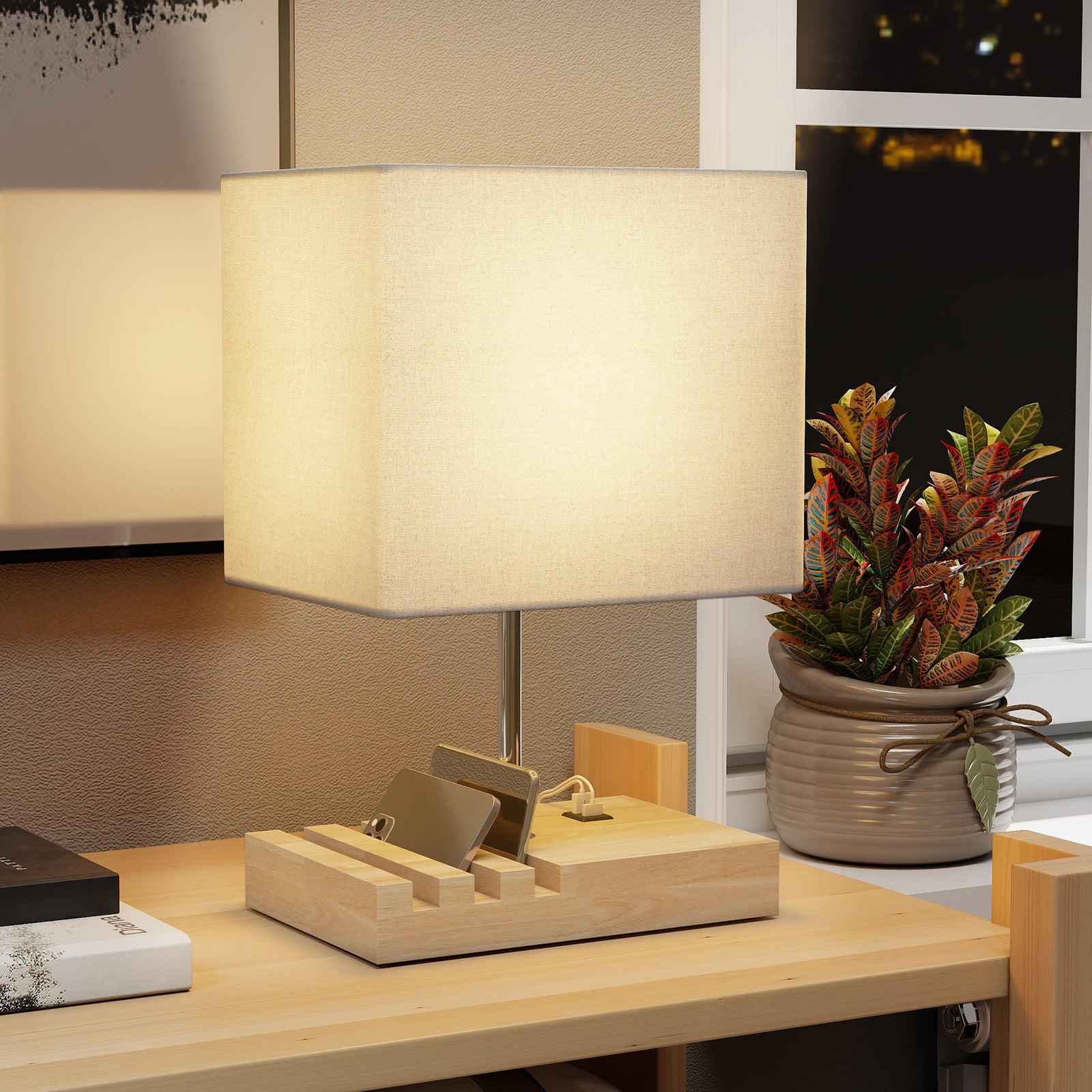 Table Lamp With 3 Slots, Bedside Lamp With Solid Wood Base | Brown