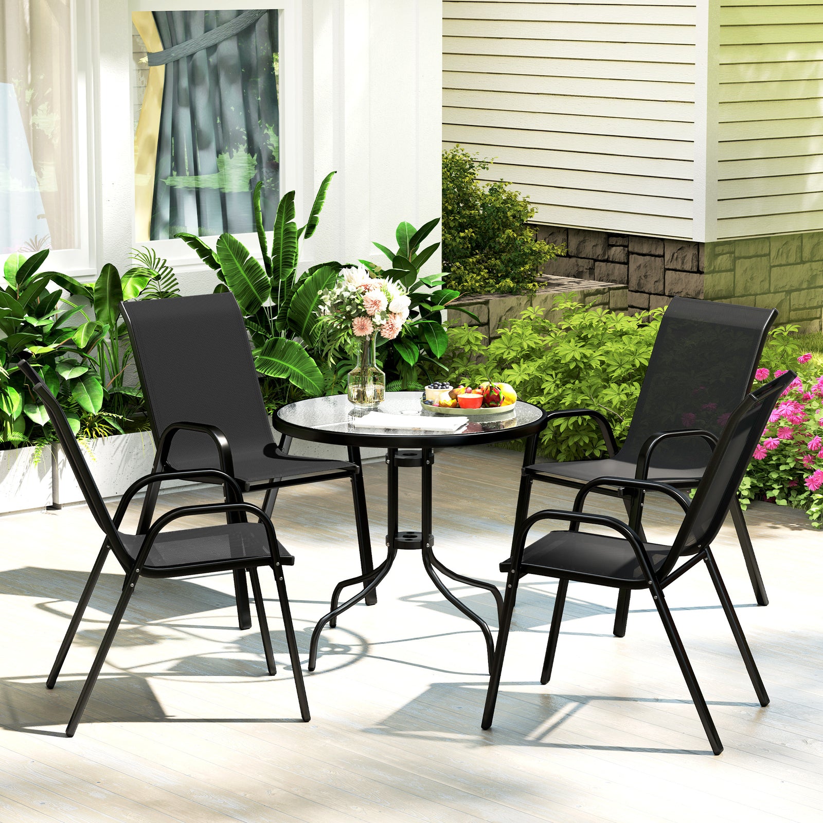 5 Pcs Garden Furniture Set, Round Table And Stackable Chairs | Black