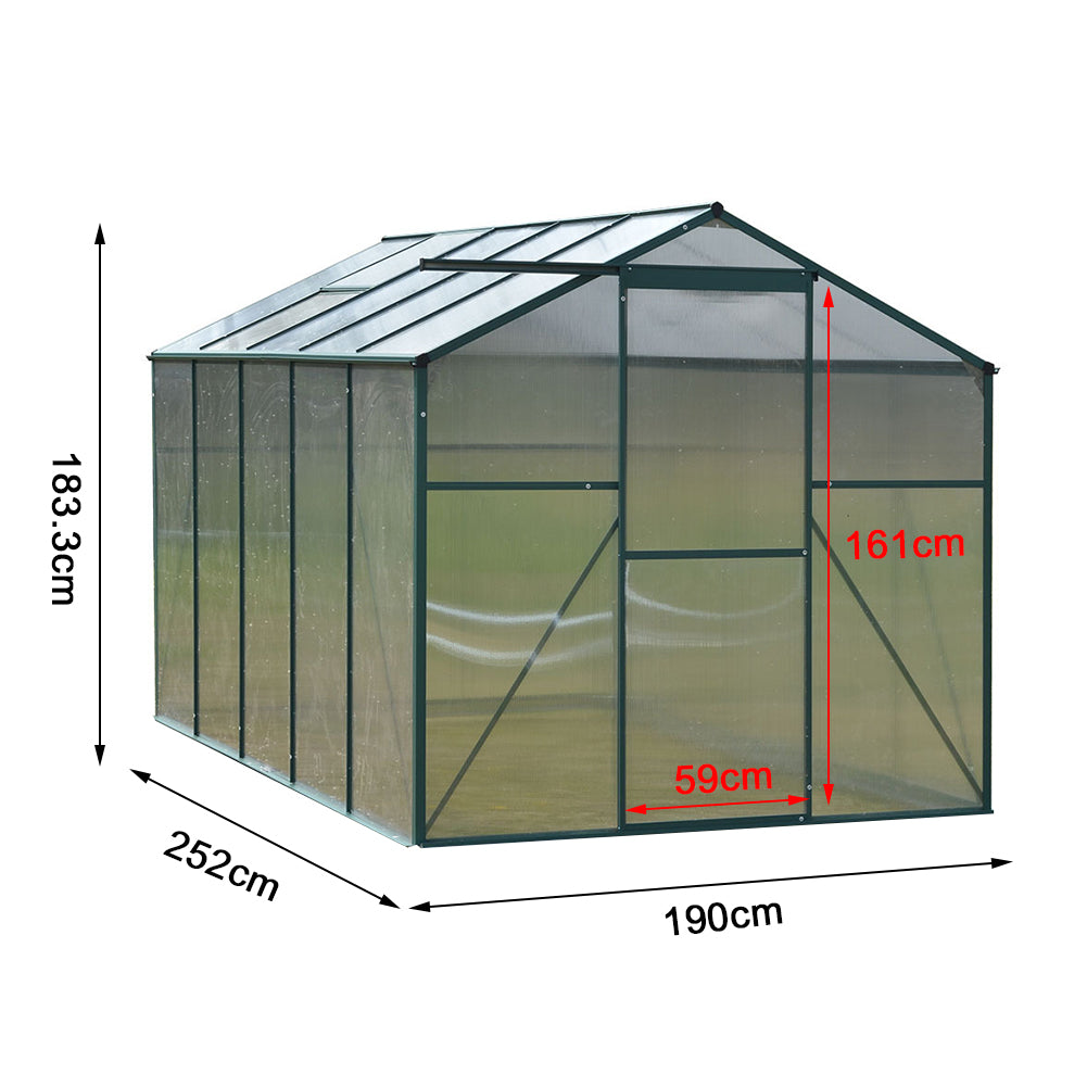 Polycarbonate Greenhouse– Aluminum Frame Walk-in Greenhouse With Sliding Door & Ventilation Window For Plants & Flowers, Green, 8 x 6ft