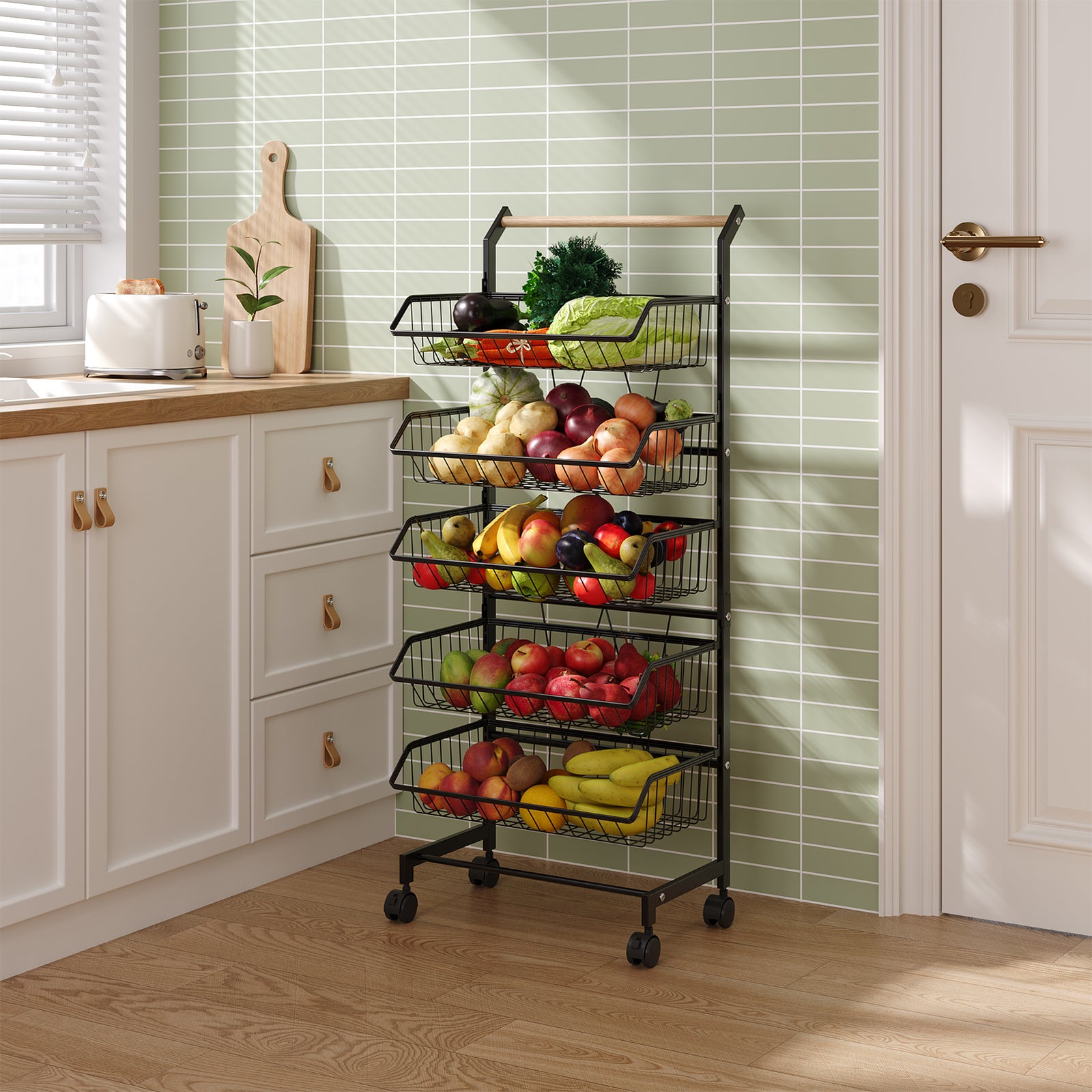 3/4/5-tier Adjustable Black Carbon Steel Storage Cart Rolling Utility Organizer Trolley With Wooden Handle | Large | Black