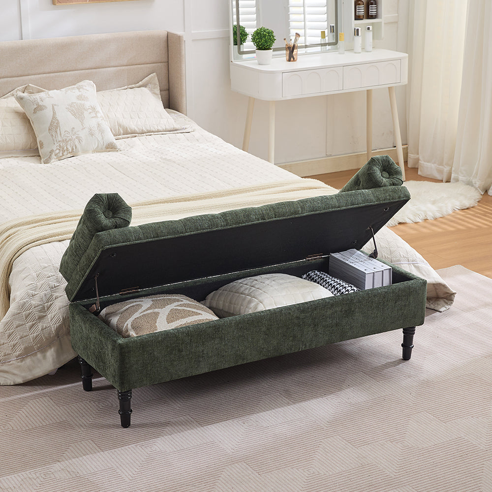 Chenille Fabric Storage Bench – Upholstered Seat With Pillowed Armrests & Hidden Compartment, 126cm W | Green