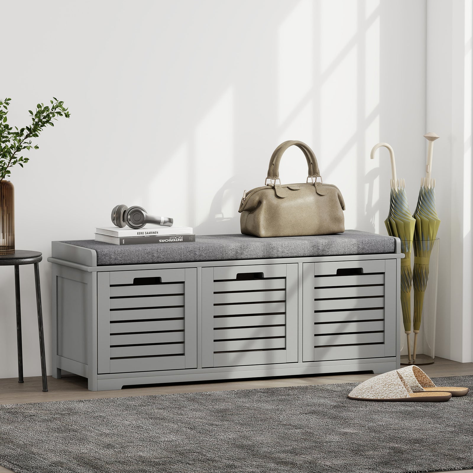 3-door Shoe Storage Bench Cushion Seat Slatted Doors | Grey
