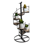 Spiral Staircase Metal Plant Stand Vintage Black Iron Plant Display Rack With Wooden Shelves