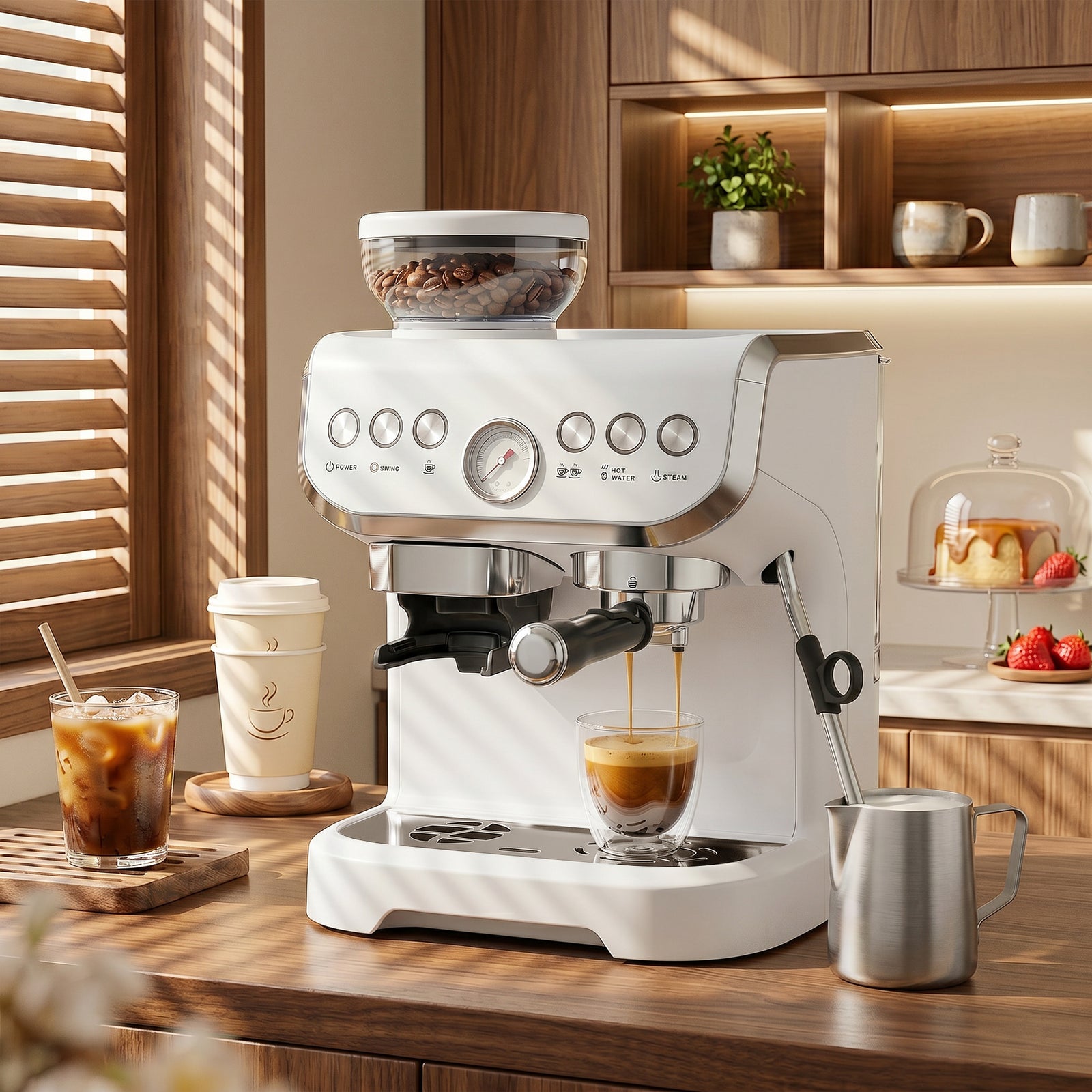 Espresso Machine, Bean Grinder & Steam Wand, 15 Bar Pressure | White