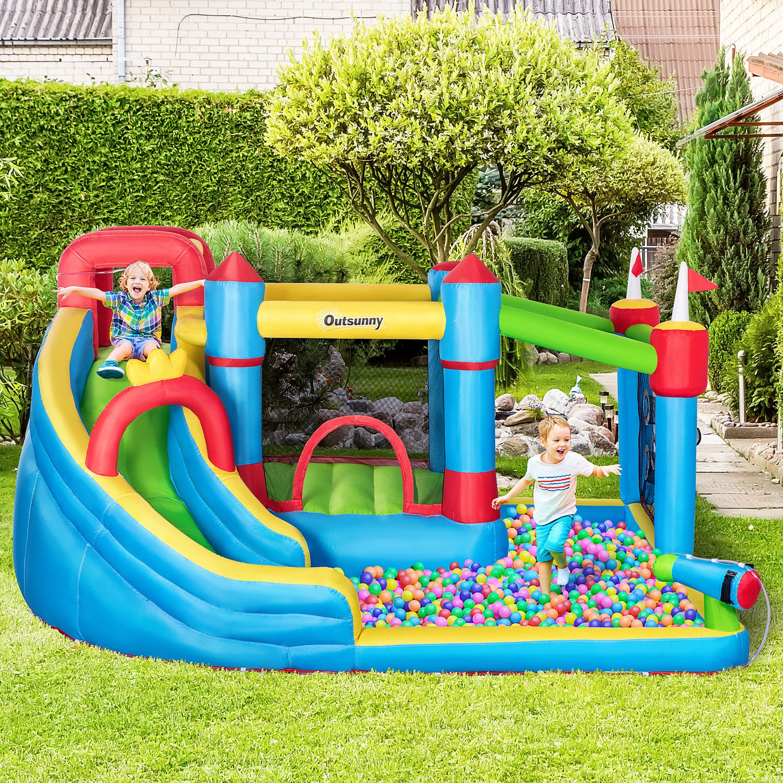 Kids Inflatable Bouncy Castle 6 In 1 Water Slide Water Gun Air Blower