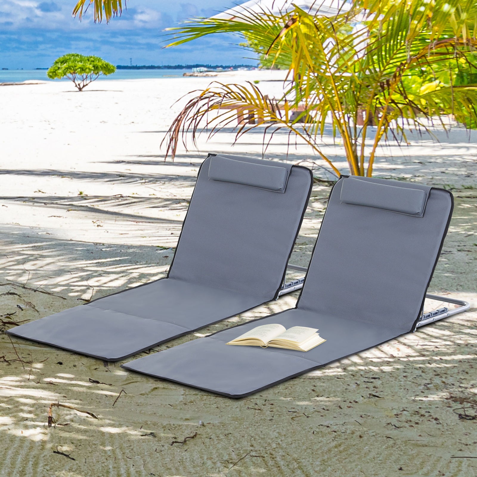 2pc Outdoor Beach Mat Steel Reclining Chair Set W/ Pillow | Gray