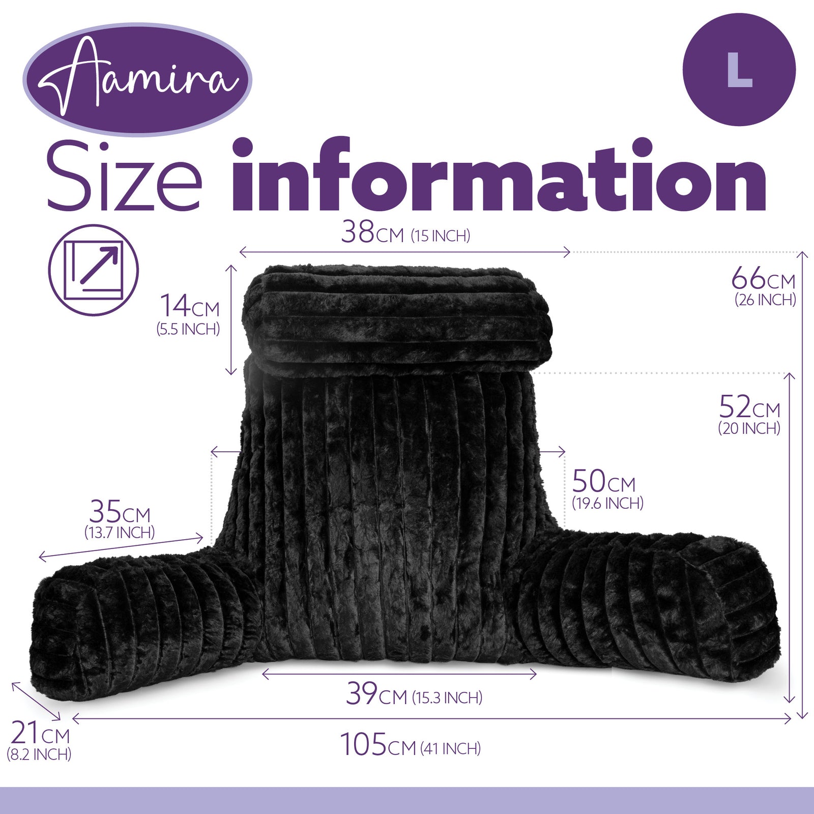 Luxurious Xl Reading Pillow Detachable Headrest, Soft Ribbed Faux Fur, Memory Foam Cuddle Cuddle Cushion Backrest | XL | Black
