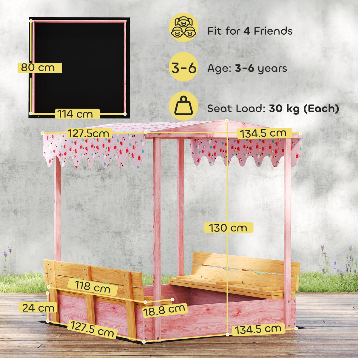 AIYAPLAY Wooden Sandbox With Lid, Canopy, Seat, Bottom Liner, Pink