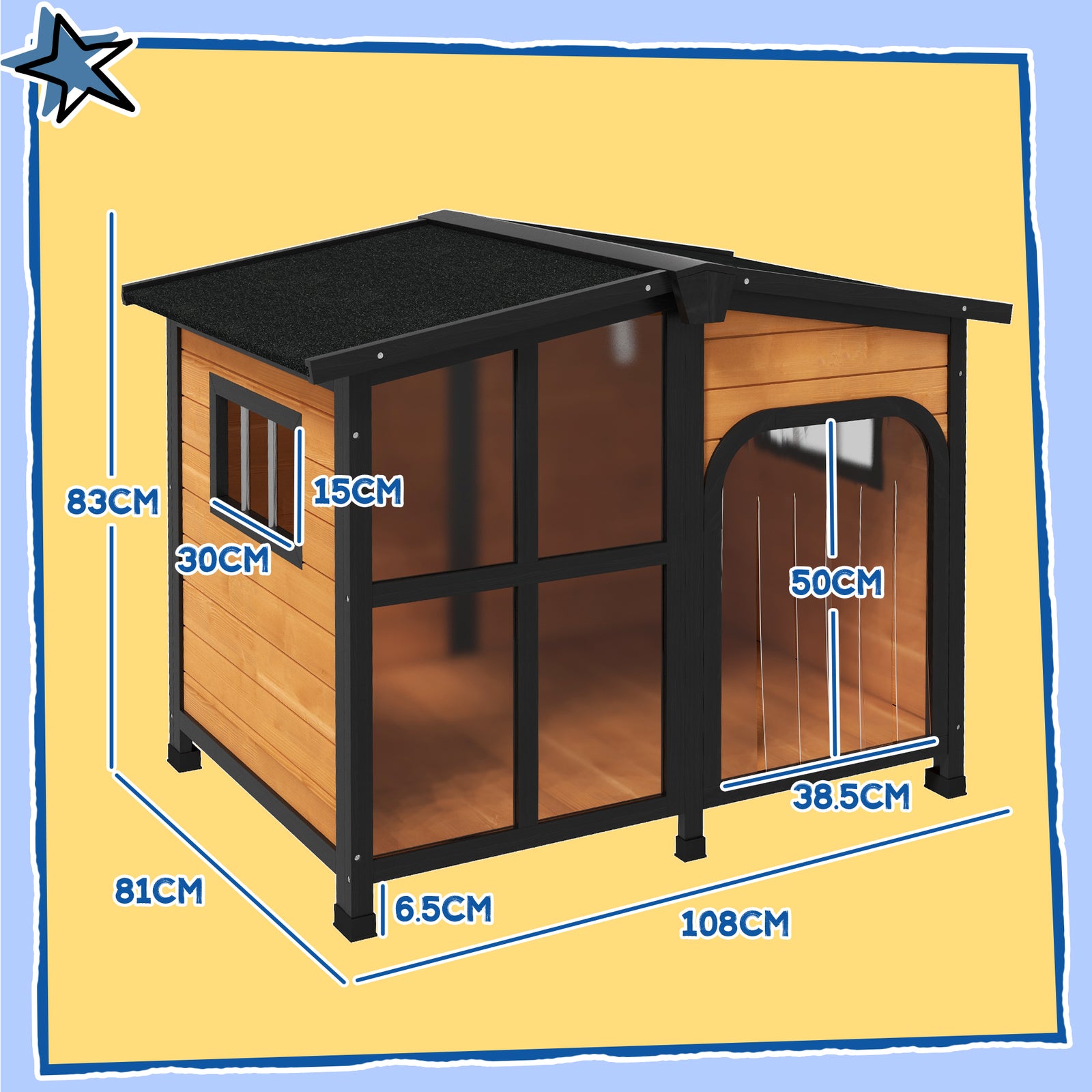 Wooden Dog Kennel, Dog House With Removable Floor, Asphalt And Openable Roof | Yellow