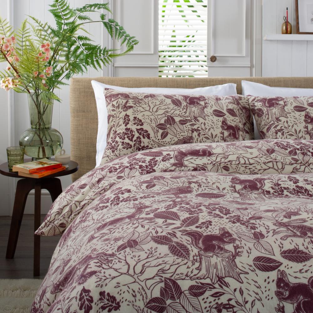 Hidden Forest Mulberry 100% Cotton Brushed Duvet Cover Set | Single | Red
