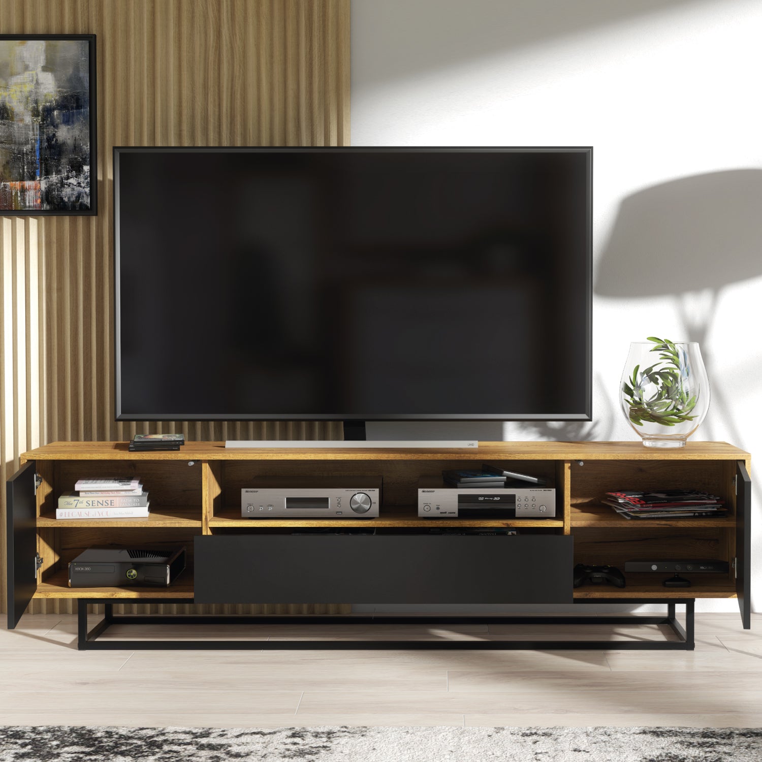 Rift Tv Unit 200cm - Oak / Rustic | Black Oak