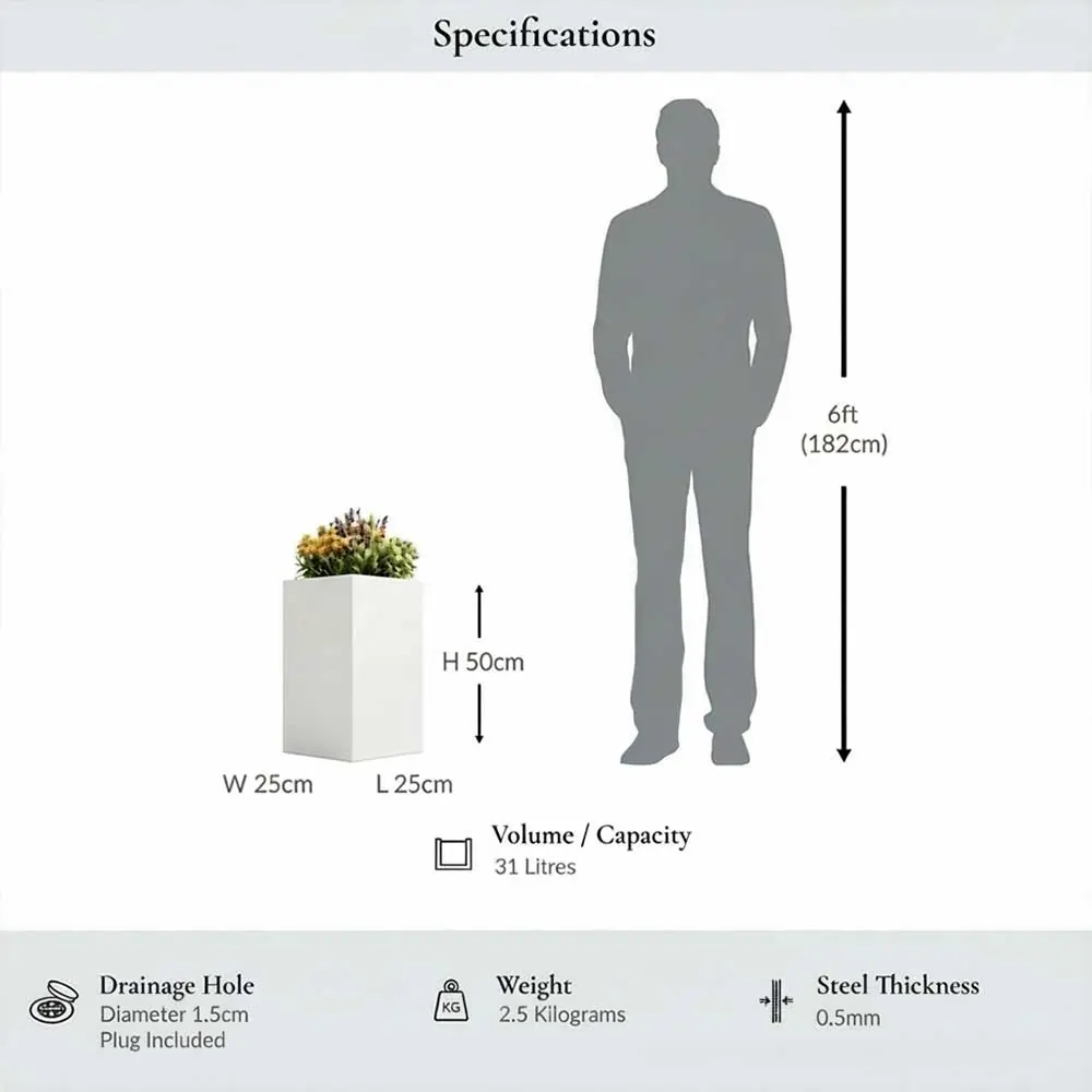 Zinc Galvanised Tall Square Planter | 25cm x 25cm x 50cm | White