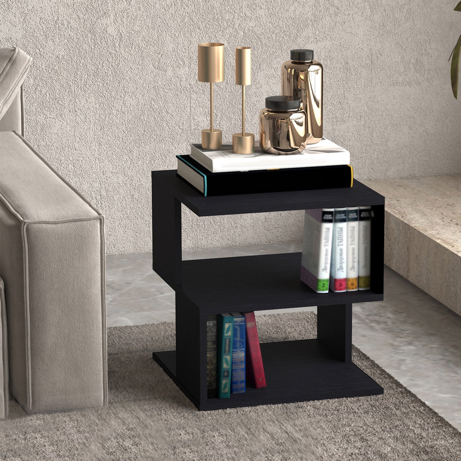 Square 2 Tier Wood Coffee Side Table Storage Shelf Rack | Black