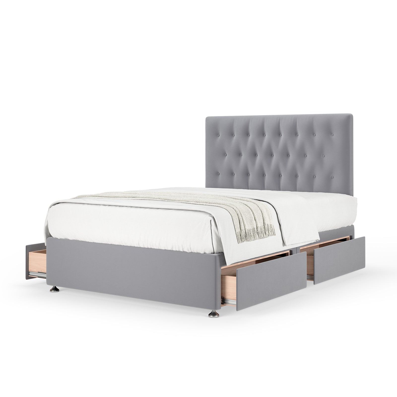 Plush Velvet 4 Drawer Divan Base And Button Headboard | Double | Silver