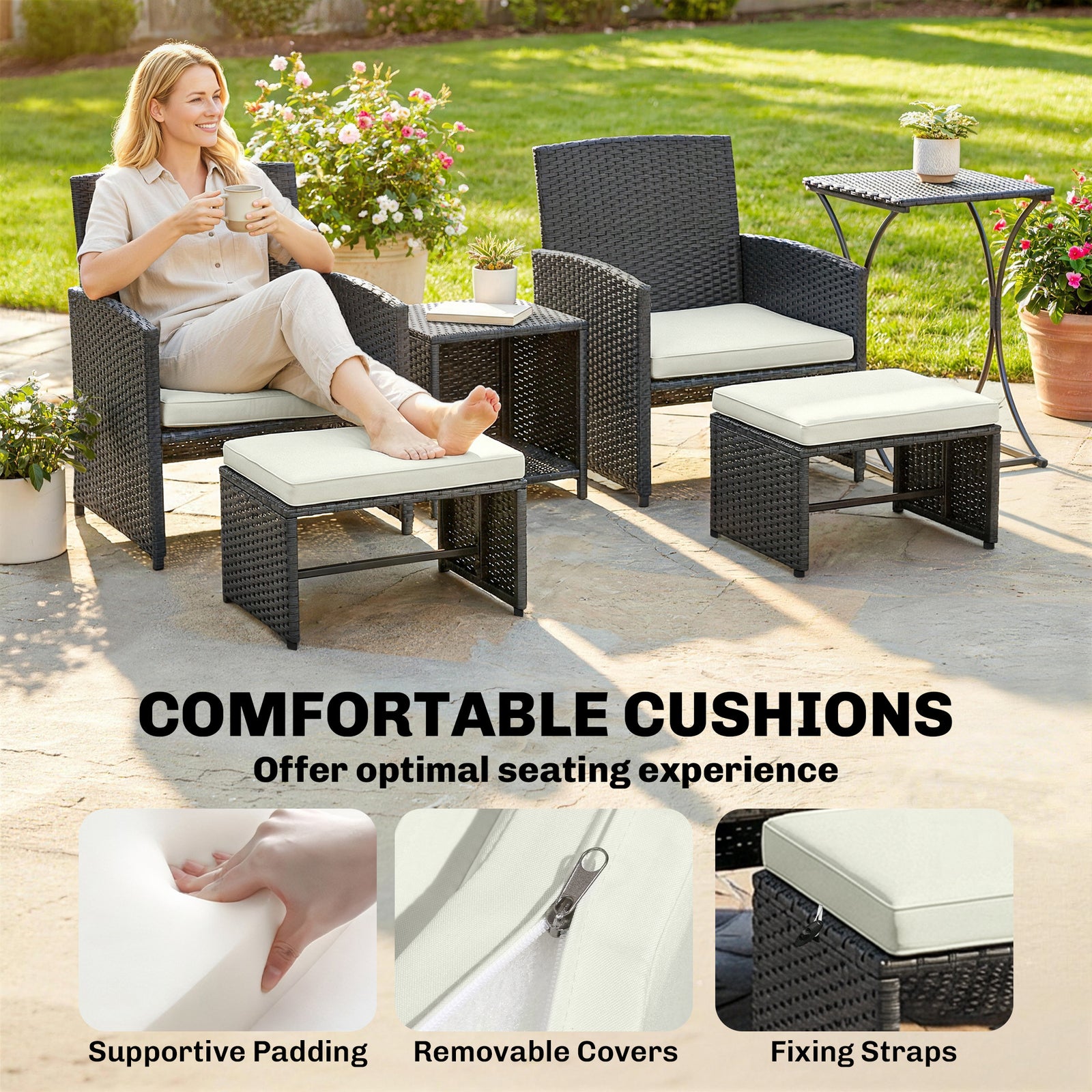 6 Piece Rattan Garden Furniture Set With Nesting Tables | Black