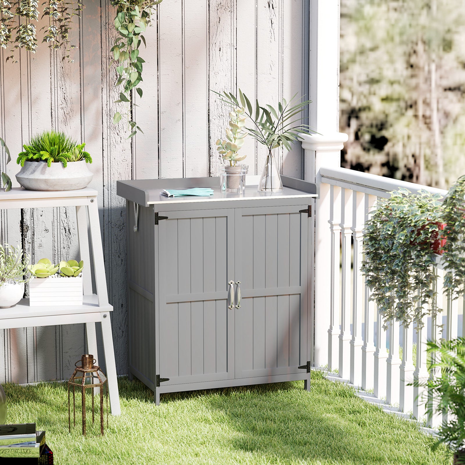 Wooden Garden Storage Shed W/hinged Roof And Shelf