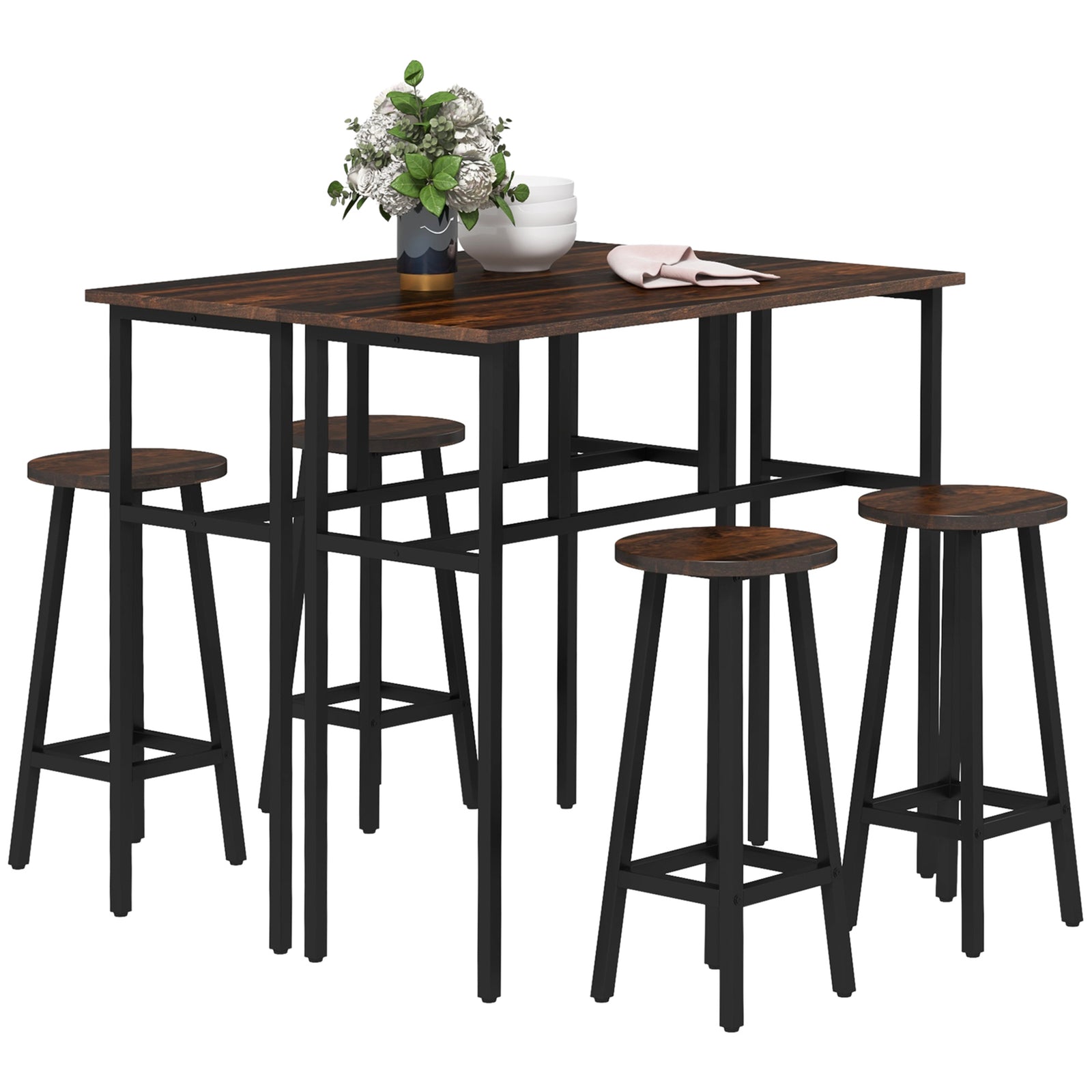 6 Piece Industrial Bar Table Set 2 Breakfast Tables | Brown