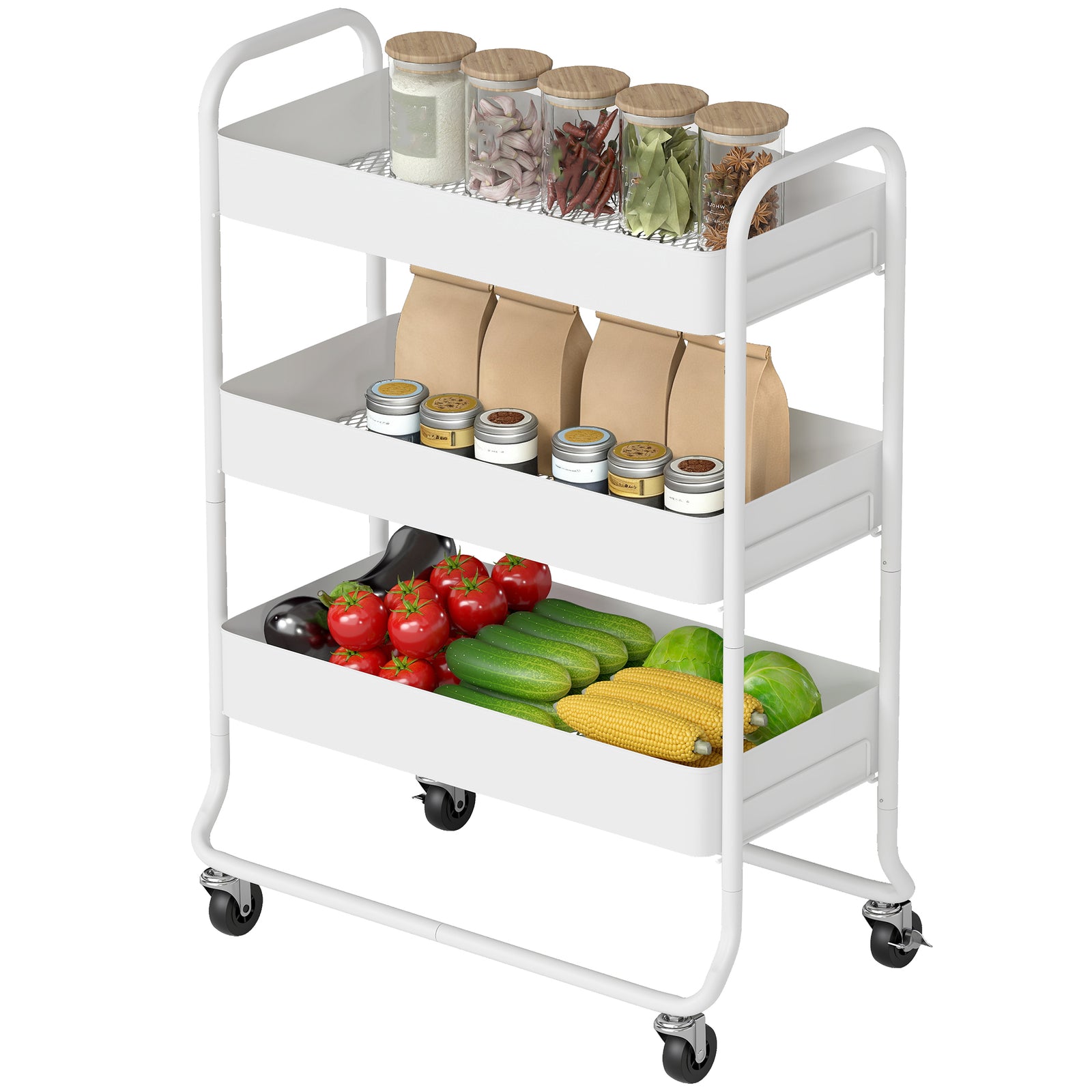 3-tier Storage Trolley, Storage Cart With Mesh Backets, Wheels | White