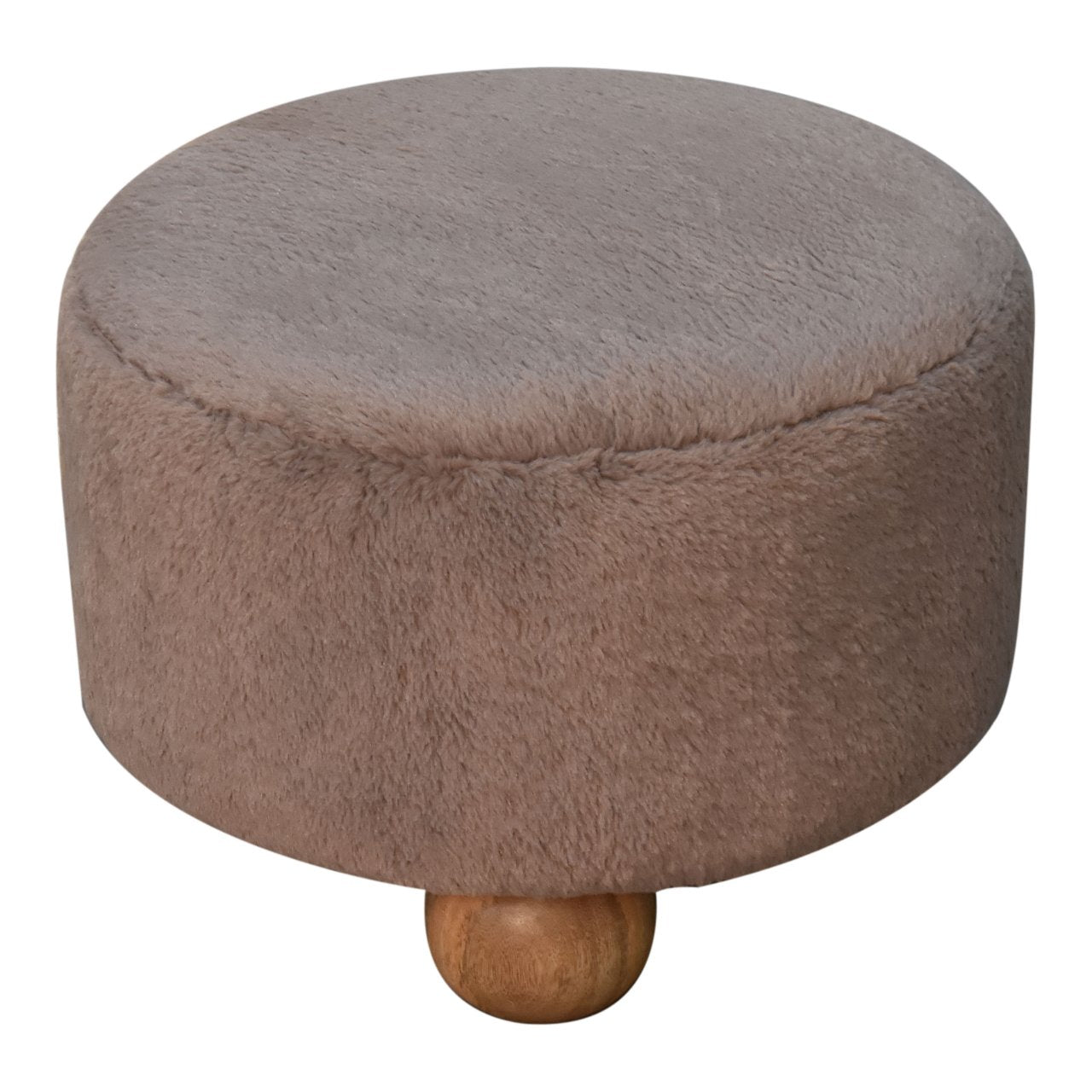 Solid Mango Wood Mocha Faux Fur Round Ball Footstool